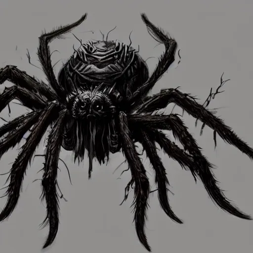 Image similar to d & d monster, huge spider monster with 1 0 0 eyes, each leg covered in mouths, dark fantasy, concept art, character art