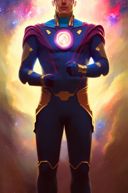 Image similar to a nebula powered male dressed as a superhero. space background, dynamic lighting, clean elegant painting, beautiful detailed face. by artgerm and greg rutkowski and alphonse mucha, 4 k