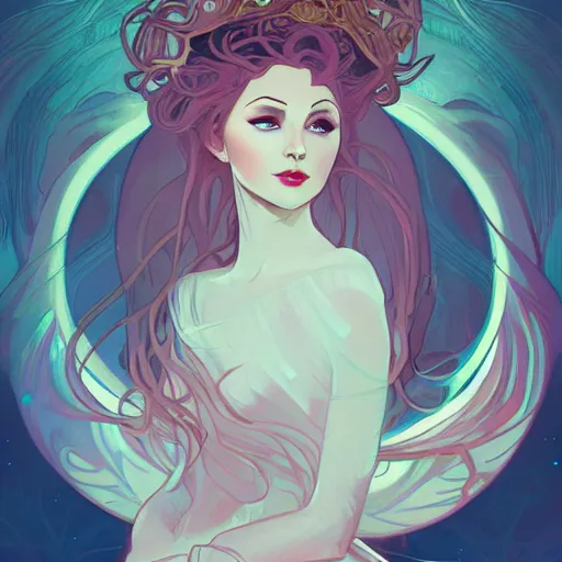 Image similar to Elven goddess of the moon, swirling dress, ambient lighting, 4k, alphonse mucha, lois van baarle, ilya kuvshinov, rossdraws, artstation