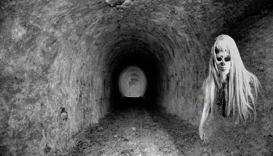 Image similar to portrait of a white female phantom with roots fingers in an empty soviet tunnel, early black and white 8mm, heavy grain, low quality,