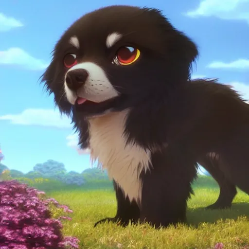 Prompt: a wholesome animation key shot of black tibetan spaniel, studio ghibli, pixar and disney animation, sharp, rendered in unreal engine 5, anime key art by greg rutkowski, dramatic lighting