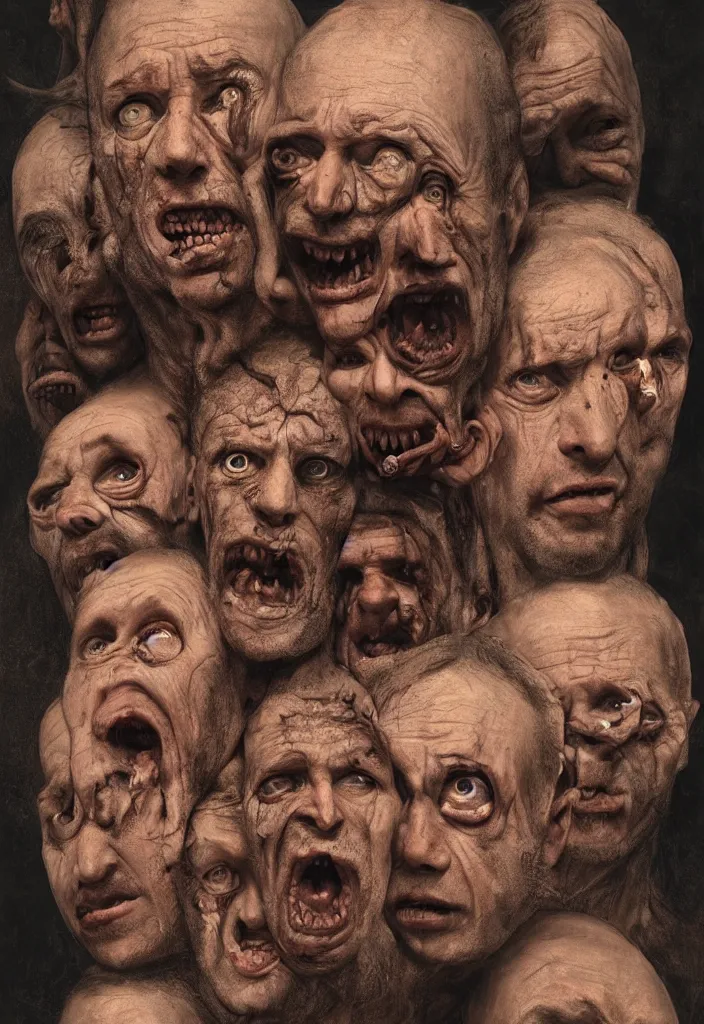 Prompt: many different faces on one man's head, portrait, horror, very detailed, 3 d character concept, extremely photorealistic, intricate, rendered in octane, hyperrealism, 8 k resolution, by jan svankmajer & henry fuseli & otto rapp & zdzisław beksinski & fra angelico & jeff christensen,