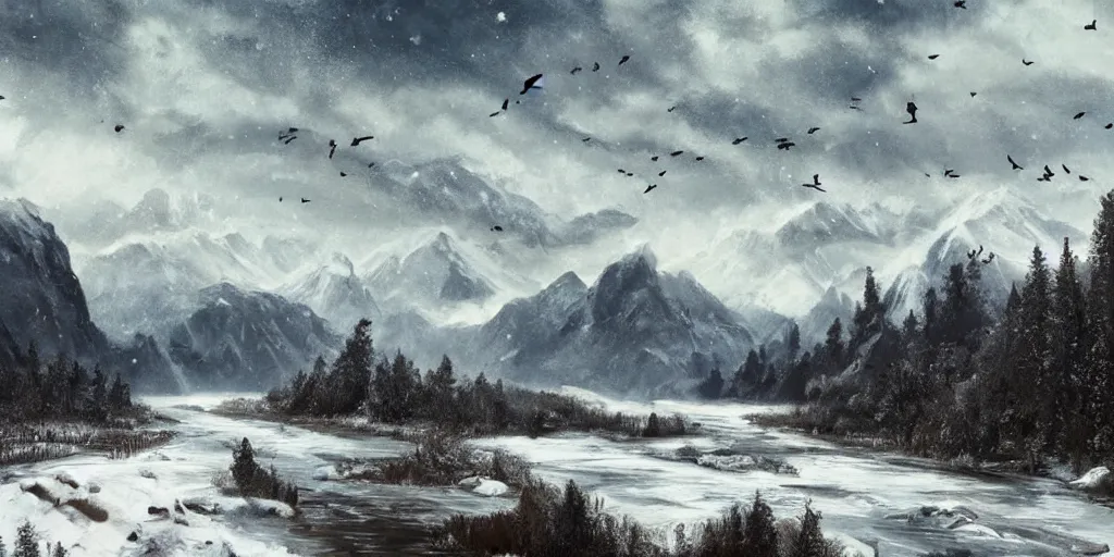 Prompt: A majestic landscape featuring a river, mountains and a forest. A small group of birds is flying in the sky. Harsh winter. very windy. There is a man walking in a deep snow.Camera is closely following the man. Cinematic, very beautiful, painting in the style of Lord of the rings