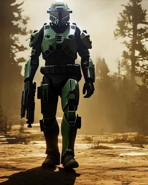 Image similar to master chief by red dead redemption 2, cinematic, photorealistic