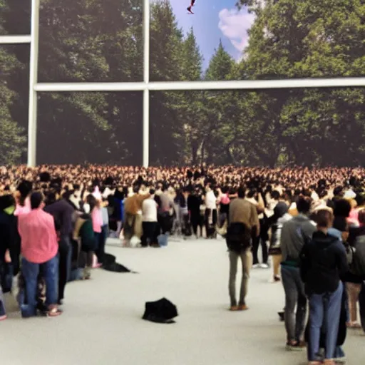 Image similar to a large crowd of people looking up at a large screen with tree displayed