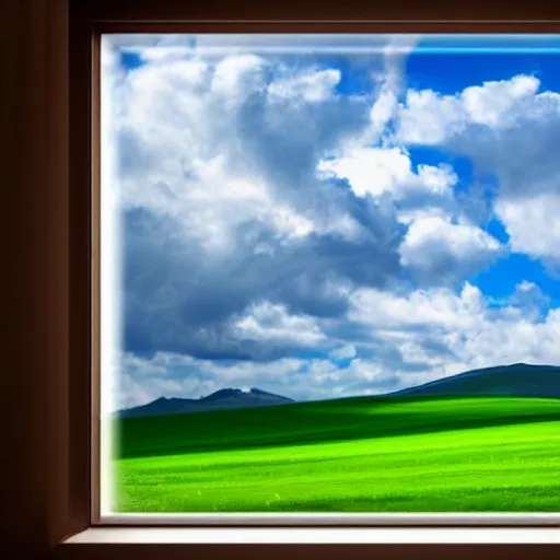 Prompt: windows xp background on tinted church glass, photorealistic
