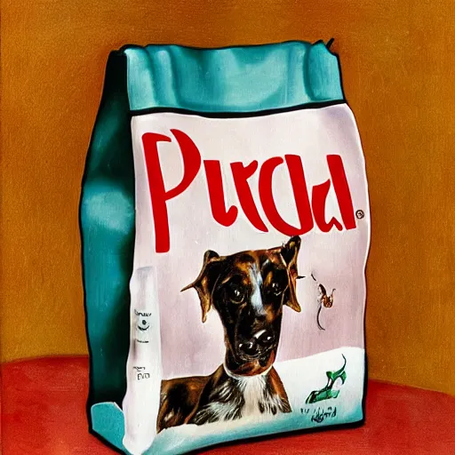 Image similar to bag of purina dog food painted by salvador dali