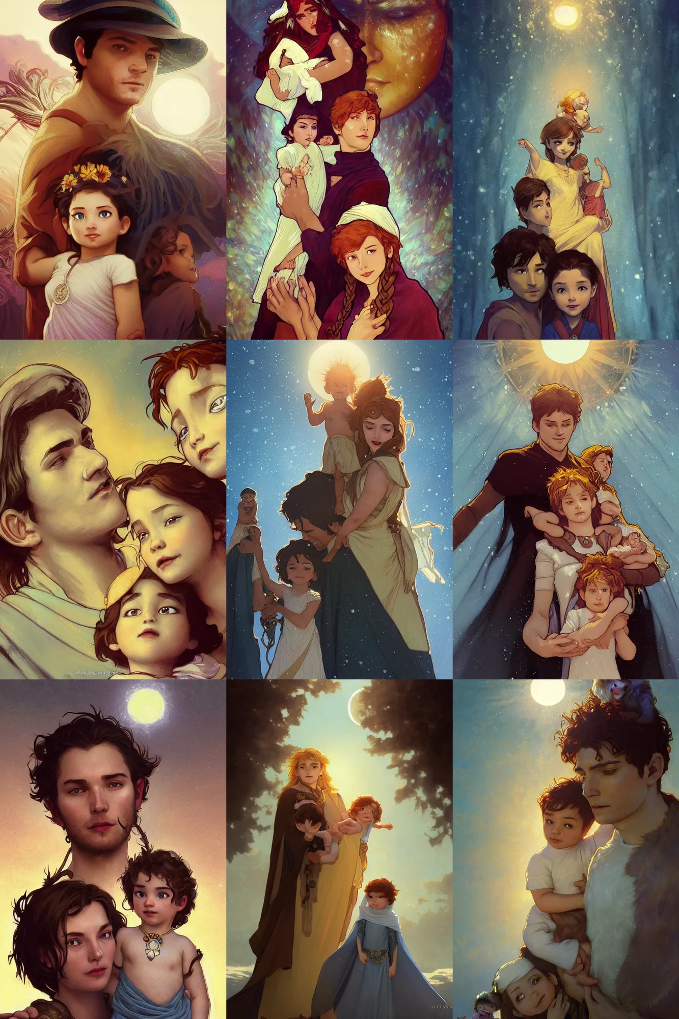 Prompt: a cinematic portrait of a beautiful family photograph close up moment of a young sun god and moon goddess magician family with child, portrait, wearing wide sunhats, Frozen Klaus film, artstation, concept art, digital illustration, Frozen II art masterpiece by art by Krenz Cushart, Artem Demura, alphonse mucha, yoji shinkawa, ArtGerm, Jon Lothian, Danilo Torres, Adi Meyers, Thomas Reimann, Gaston Bussiere, Disney