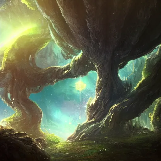 Image similar to a beautiful scenary of a fantasy world below a legendary yggdrasil tree with the background of a milky way, artstationHD, digital painting, hyper detail, elegant, cinematic, epic lighting, very very very very beautiful scenery, smooth, sharp focus