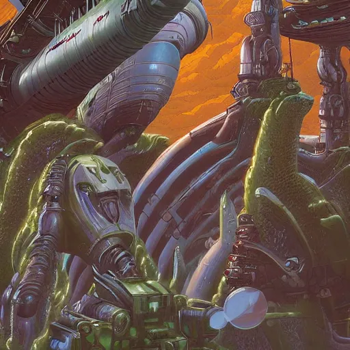 Image similar to rocket factory on ruined planet, alien mutant megafauna, moebius, mike mignogna, heavy metal magazine, highly detailed, rich colors, artgerm, trending on artstation