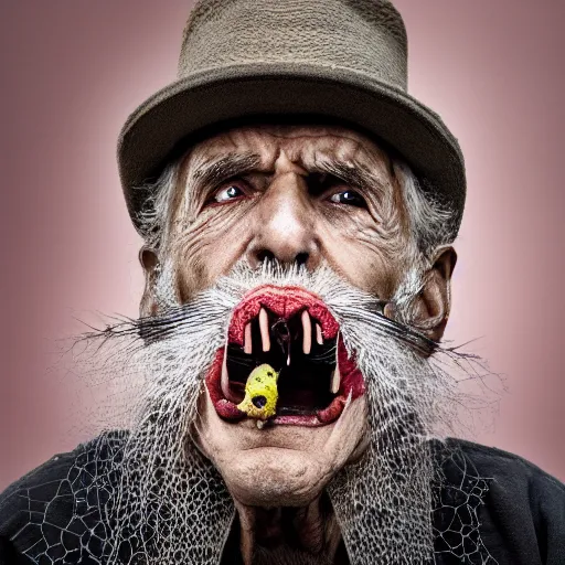 Image similar to National Geographic photo of angry old man with spiders in his mouth