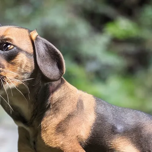 Image similar to panther shows teeth to a small long dog