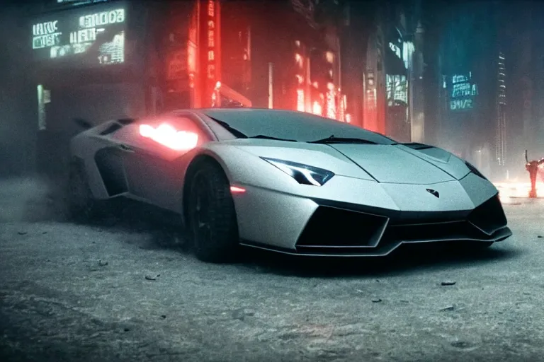 Image similar to A cinematic film still of a Lamborghini in the movie Blade Runner: 2049.