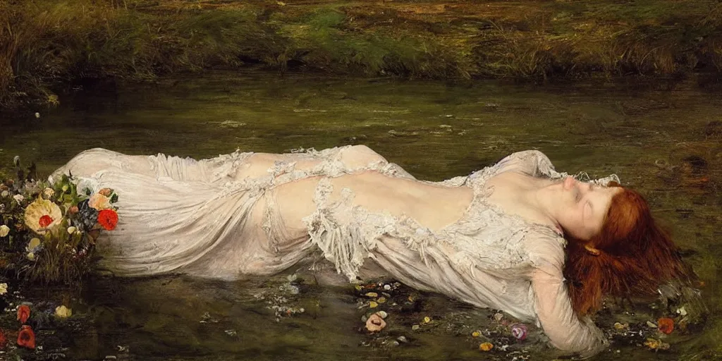 Prompt: a masterful oil painting of the drowned ophelia, floating over a sad river full of high green grass and fine flowers with closed eyes, wearing a nicely crafted antique dress, by sir john everett millais, photorealistic, hyperdetailed, ethereal, eternal, ephemeral