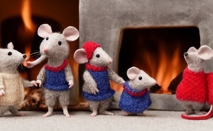 Prompt: a mouse family sitting in front of a fireplace wearing woolen sweater