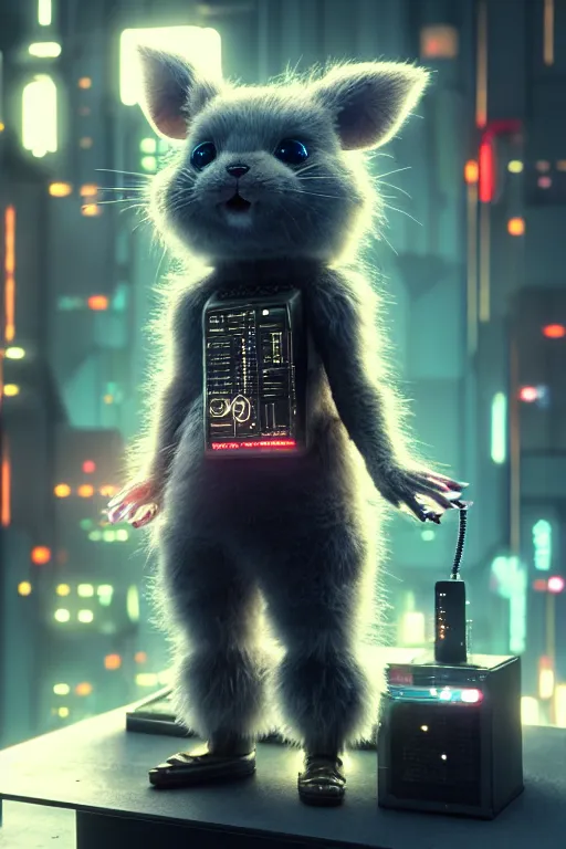 Image similar to high quality 3 d render very cute fluffy cyborg!! rat plays synthesizer, cyberpunk highly detailed, unreal engine cinematic smooth, in the style of blade runner & detective pikachu, hannah yata charlie immer, moody light, low angle, uhd 8 k, sharp focus