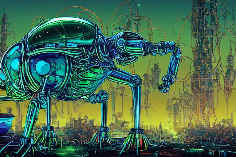 Prompt: perspective view of a giant steampunk hybrid mantis harvesting bulbs of energy filled with green jelly, robot metallic armor, minimalist design, science fiction, neon city domes, neo - gothic, gothic!!, character concept design by dan mumford, josan gonzales, chris foss, dynamic light, vibrant colors