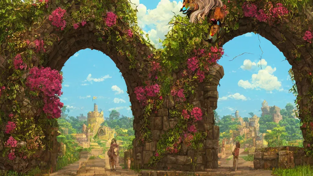 Prompt: A giant medieval fantasy gate with an gold carved lion face at the center, vines, thorns, roses, flowers, vivid vegetation, pastel color tones, clear clean, Ilya kushinov, by Makoto Shinkai, Studio Ghibli, Miyazaki, Kyoto Animation, digital 2D, painterly style, gouache illustration, high contrast, cute, kawaii, golden ratio, rule of thirds