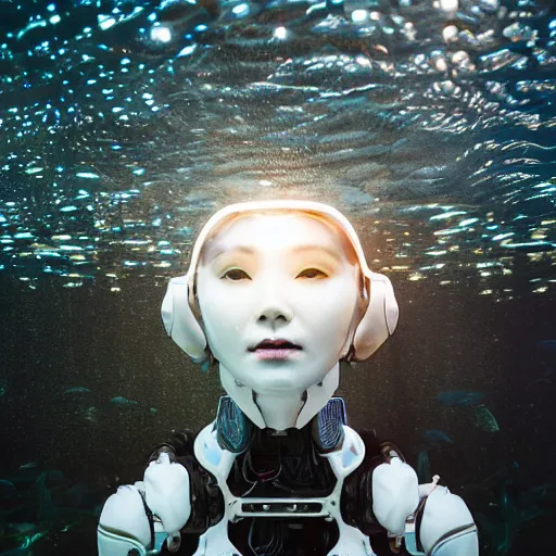 Image similar to beautiful centered fine art photo portrait of hoyeon jung as a solarpunk robotic humanoid treading on water below, white mechanical parts with led lights, ultra - detailed and intricate, white background, sun lighting, soft focus, slow exposure hdr 8 k