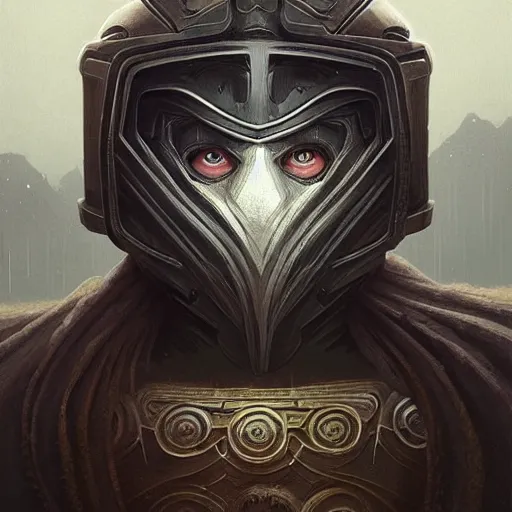 Image similar to professional ominous concept art portrait of a character with a mandala helmet by artgerm and greg rutkowski. an intricate, elegant, highly detailed digital painting, concept art, smooth, sharp focus, illustration, in the style of simon stalenhag, wayne barlowe, and igor kieryluk.