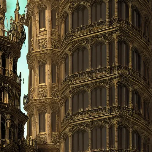 Prompt: gothic architecture with many balconies flappy wavy made from ligaments bones tendons 8 k detailed hd digital render steampunk award winning salvador dalle