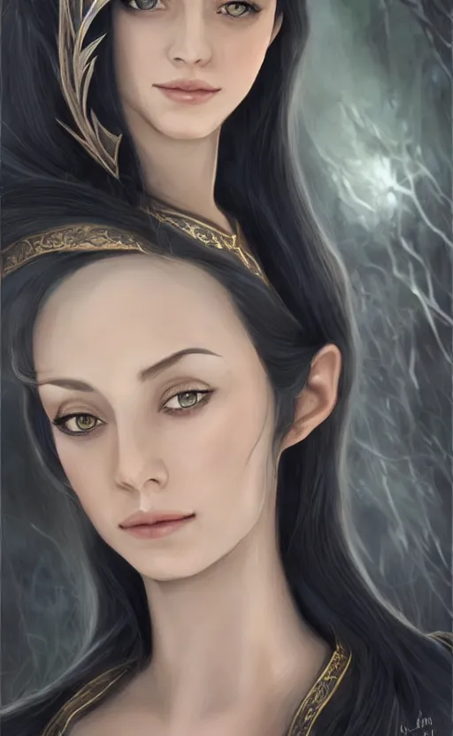 Image similar to luthien, princess of doriath, fairest maiden to have ever lived, stunningly beautiful, black hair, elven, portrait, artstation, wonderful lighning