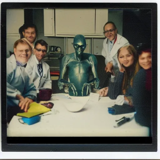 Image similar to polaroid of an alien on a table surrounded by doctors