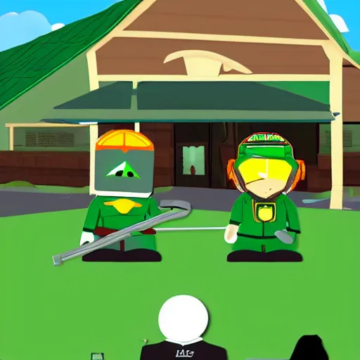 Prompt: master chief play golf in south park episode