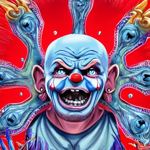 Image similar to 4K headshot of godlike clown with blue skin defined arms and open hands and bloody clothes with giant mandala wings , intricate clown face make-up , flawless anime cel animation by Kentaro Miura, psychedelic , highly detailed upper body , professionally post-processed , beautiful, scary, symmetry accurate features, epic, octane rendered, anime masterpiece, accurate