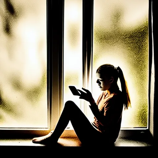 Image similar to teenage girl sitting at bedroom window staring down at her phone, a mushroom cloud outside lights the side of her face, intimate, dark, surreal photography