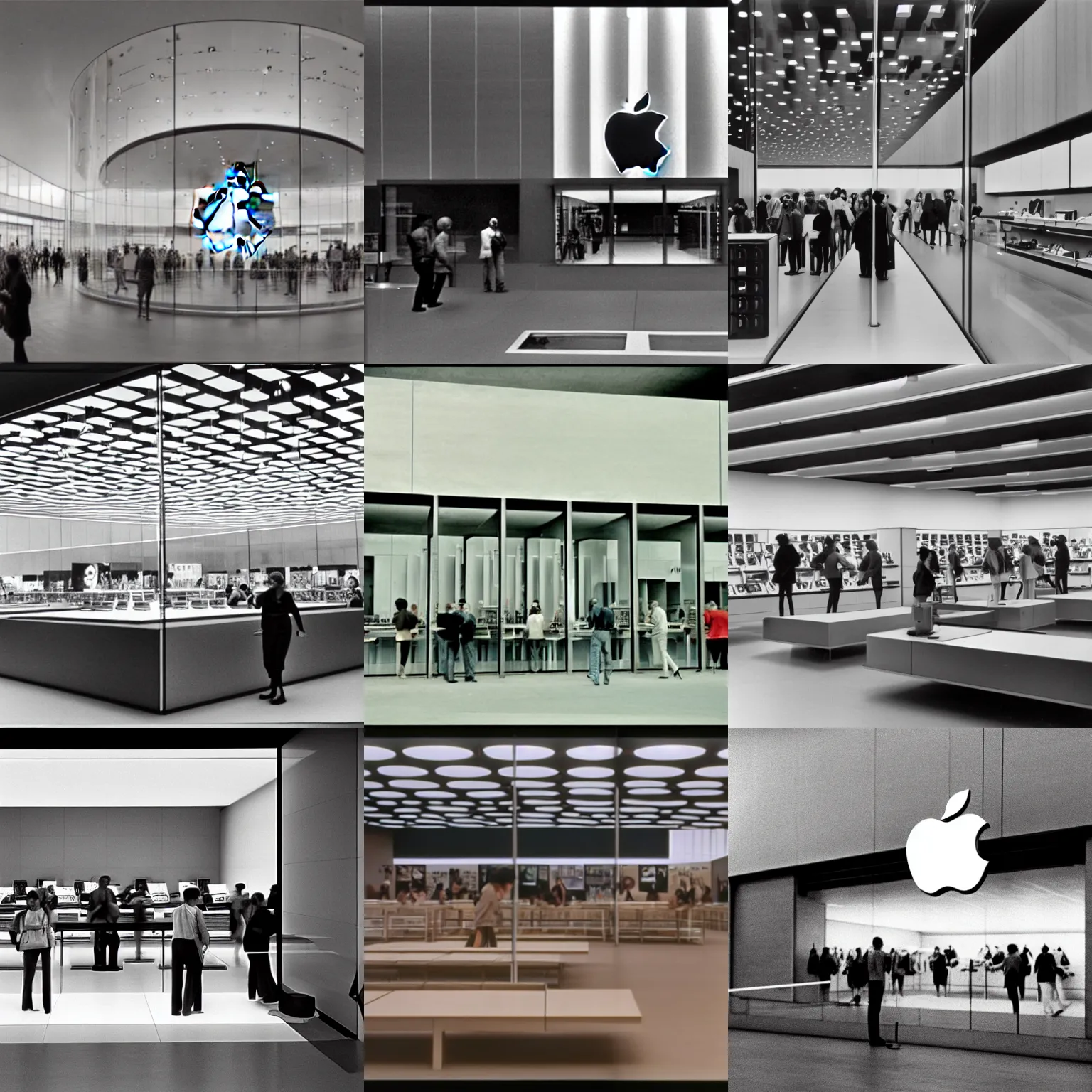 Prompt: modern apple store in 1966, retro lo-fi film,