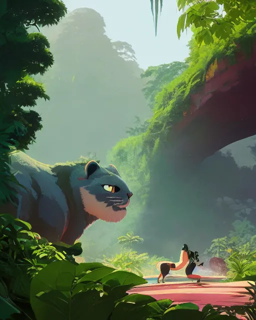 Prompt: a big cat guarding the entrance to a temple, lush vegetation, waterfalls, cory loftis, james gilleard, atey ghailan, makoto shinkai, goro fujita, character art, rim light, exquisite lighting, clear focus, very coherent, plain background, soft painting