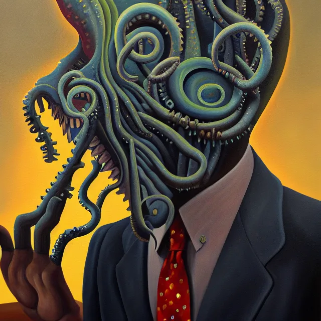 Image similar to an oil on canvas painting of a business man, polycount, surrealism, surrealist, lovecraftian, cosmic horror, high detail