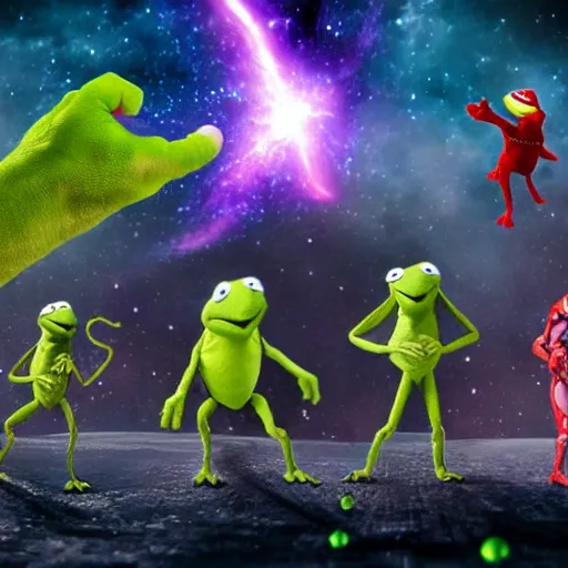 Prompt: the avengers battle kermit the frog in space, galaxy, hd, explosions, gunfire, lasers, spatula, giant, epic, showdown, colorful, realistic photo, unreal engine, stars, prophecy, epic oil painting, powerful, diffused lighting, destroyed planet, debris, justice league