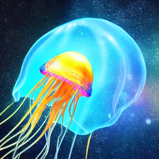 Image similar to a jellyfish with a bright biosphere in its head floating in space, long neon tentacles, meteor shower background unreal engine render, hyper realistic, ultra detailed