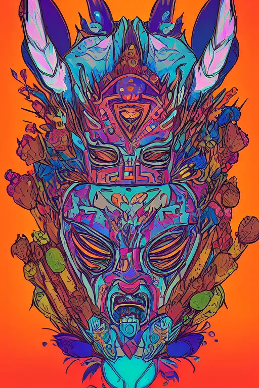 Image similar to animal mask totem roots flower tribal feather gemstone plant wood rock shaman vodoo video game vector cutout illustration vivid multicolor borderlands comics by josan gonzales and dan mumford radiating a glowing aura