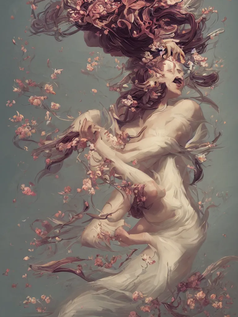 Prompt: a portrait of a flying body covered in flowers in a dynamic pose, in the style of peter mohrbacher, highly detailed, soft lighting, art nouveau patterns, trending on artstation