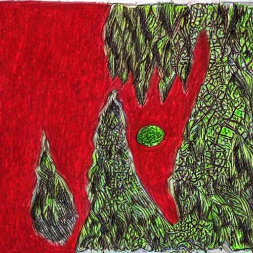 Image similar to drawing of nature after humanity has been extinct outsider art style red ballpoint pen