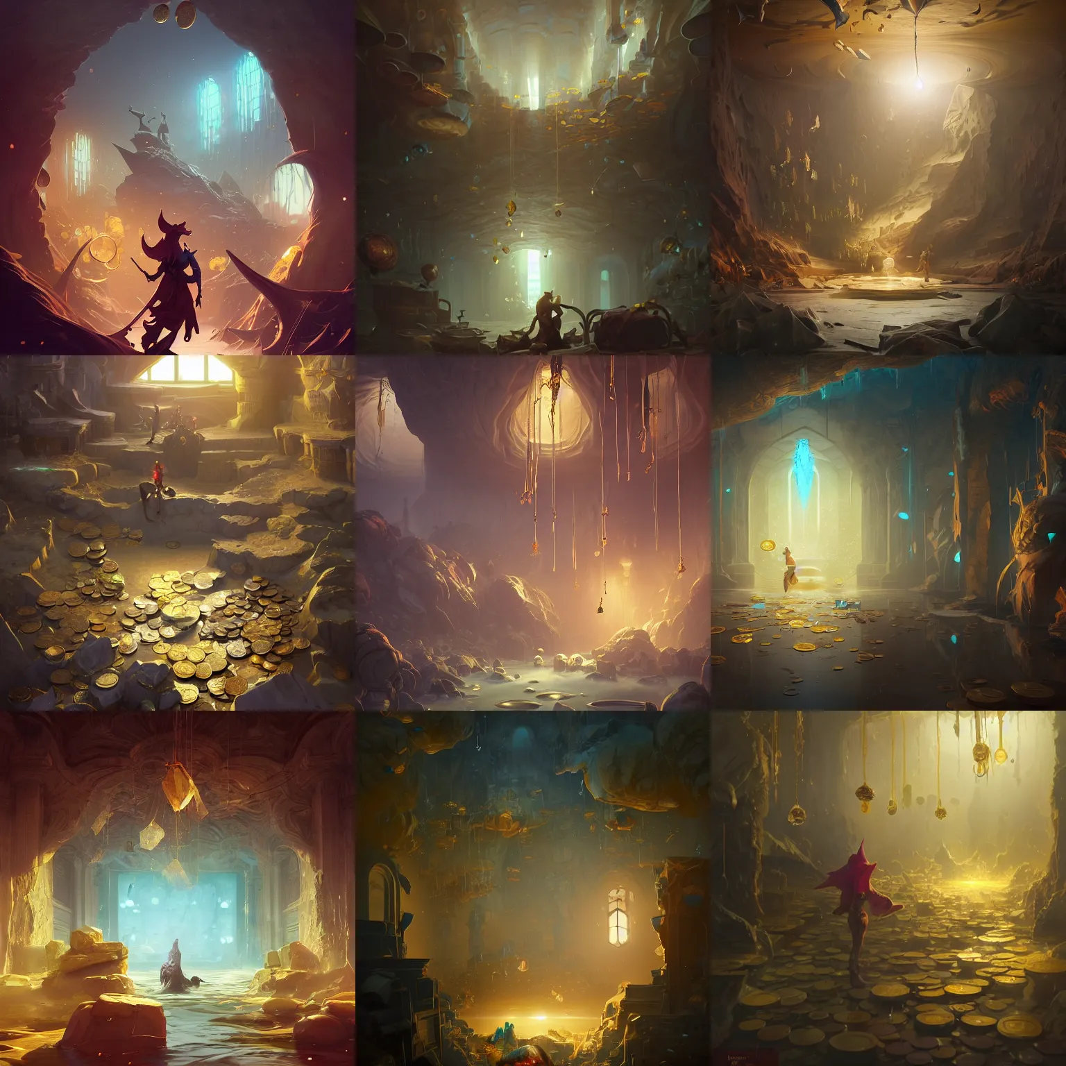 Prompt: bank with gold coins flooding the environment, crystals hanging from ceiling, treasure on walls, by peter mohrbacher dan mumford craig mullins nekro, cgsociety, pixiv, volumetric light, 3 d render
