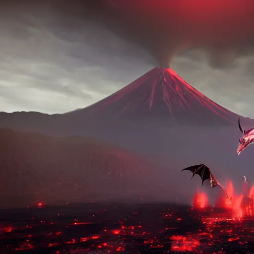 Prompt: one giant dragon leader, with 1000 dragons after him, flying in the sky with a volcano as background. the leader dragon is black colored with red as accent color. Cinematic, realistic, unreal engine 5, live-action