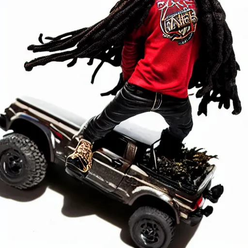 Prompt: travis scott action figure with dreads standing on top of a black rc pickup truck, close up studio photograph, white background