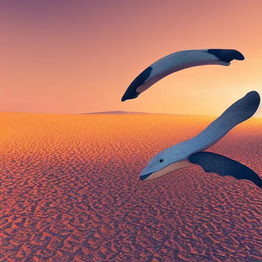 Image similar to a giant whale flying above a desert, golden hour, realism, 4 k, octane render, award winning photograph