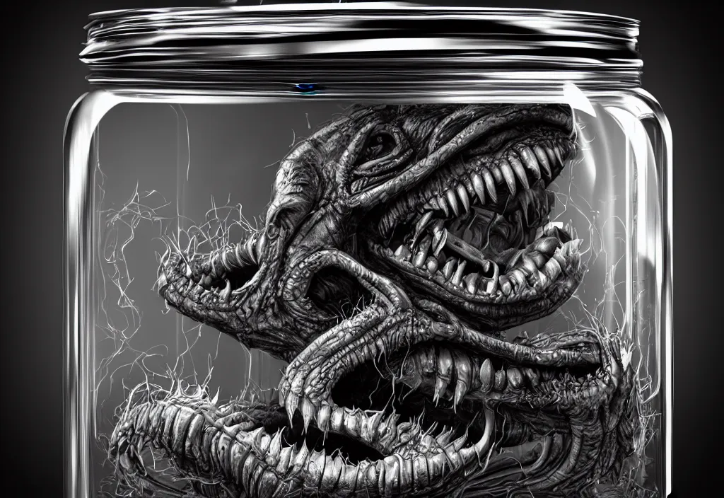 Image similar to Photorealistic miniature monster inside a jar on clean background by H.R. Giger, KDA and Sam Yang, trending on artstation