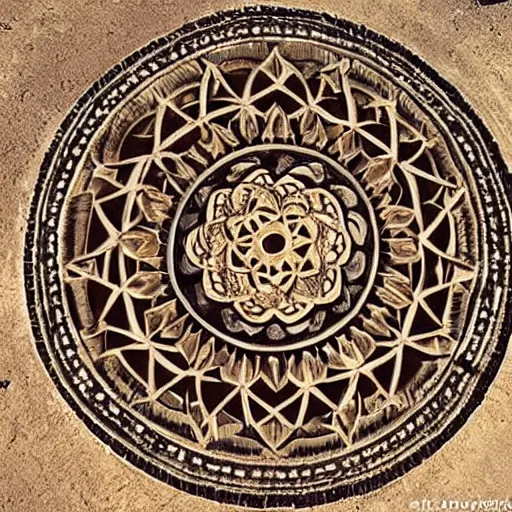 Prompt: mandala carved into landscape, can be seen from outer space