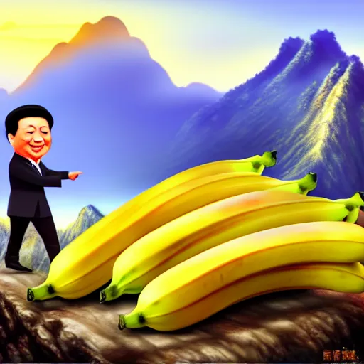 Image similar to Chinese president with bananas, battle with dragon, mountains background, fantasy art, 4k