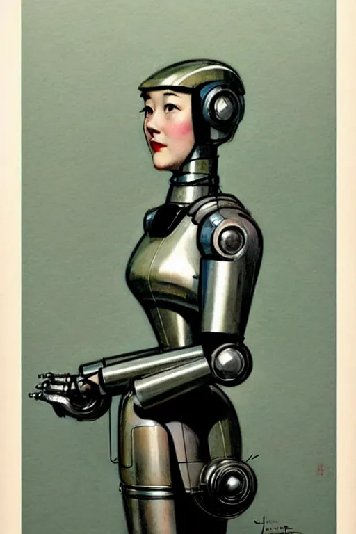 Prompt: ( ( ( ( ( 1 9 5 0 s retro future robot android aluminum woman from japan. muted colors. ) ) ) ) ) by jean - baptiste monge!!!!!!!!!!!!!!!!!!!!!!!!!!!!!!