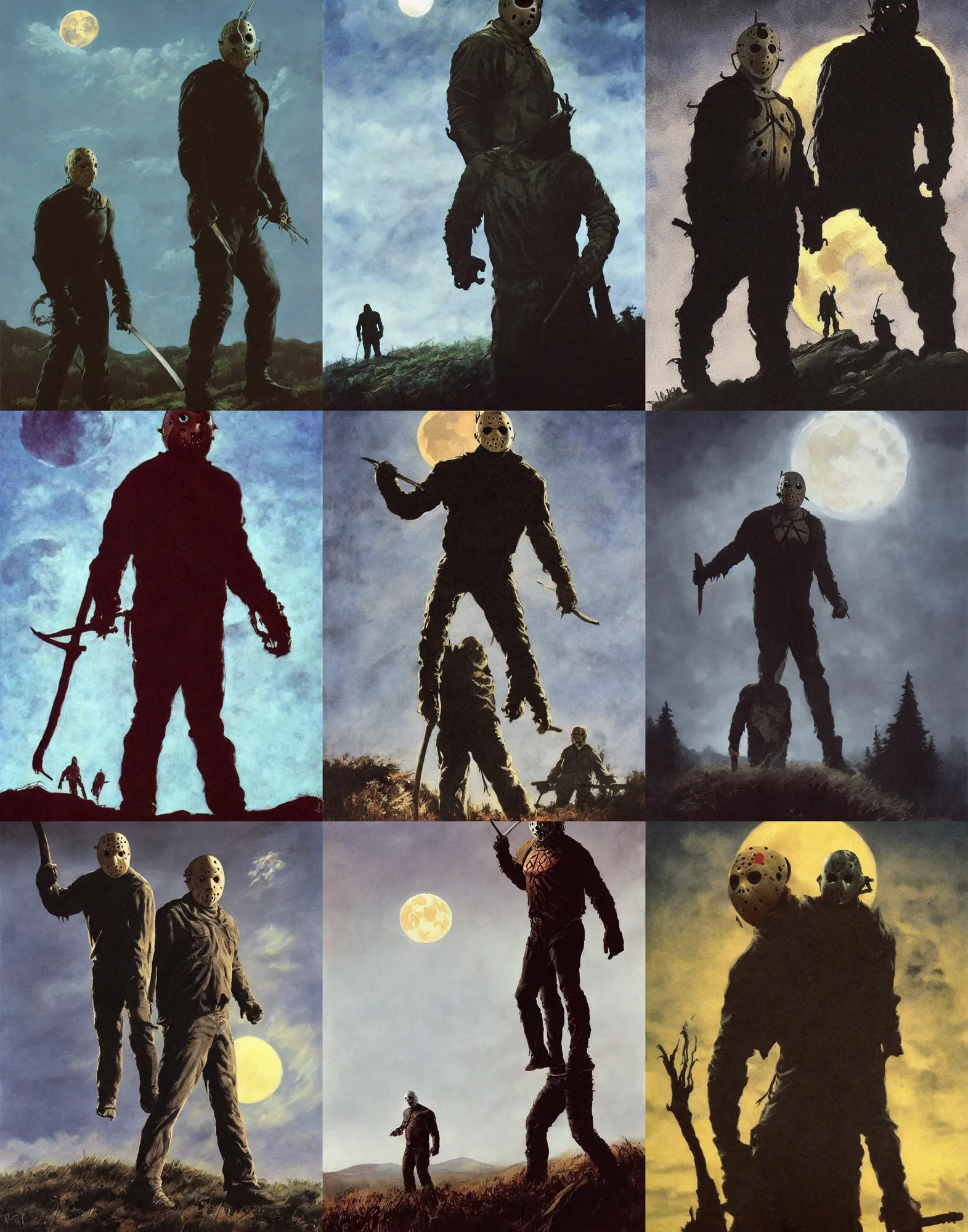 Prompt: close portrait, jason voorhees standing on a hill, powerful pose, scary, horror, giant moon, dramatic sky, shadows on side, cinematic, side light, backlighting, oil painting by frazetta