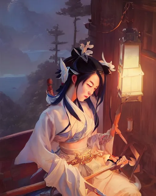 Image similar to onmyoji, fine details. night setting. realistic shaded lighting poster by craig mullism, artgerm, jeremy lipkin and michael garmash, unreal engine, radiant light, detailed and intricate environment, digital art,