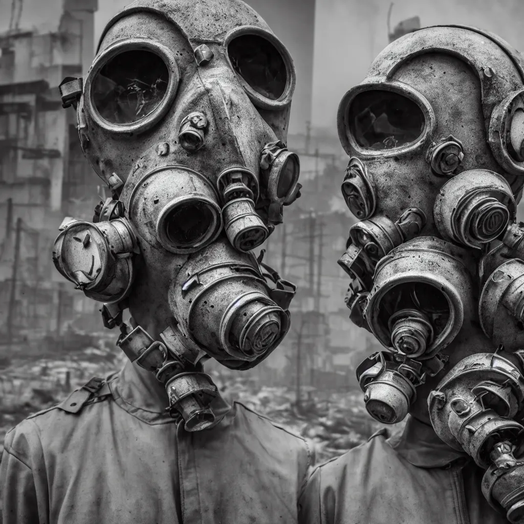 Image similar to high pollution, pripyat, chernobyl, close up gas masks, soviet brutalism, dieselpunk, industrial, very detailed, diesel, 4 k