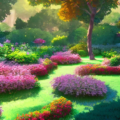 Prompt: a digital painting depicting a beautiful garden from an anime movie, in the style of Tue Tue on ArtStation, cinematic render, 4k,